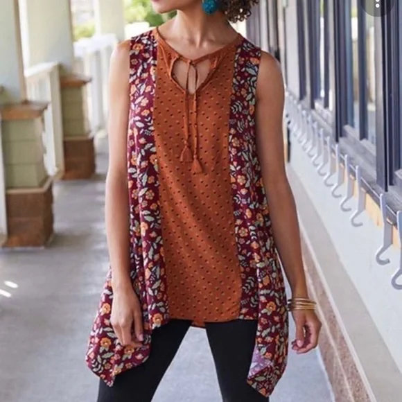 Matilda Jane Teach Me Rust Floral Mixed Print Asymmetrical Tank Top Womens Small - Picture 1 of 11